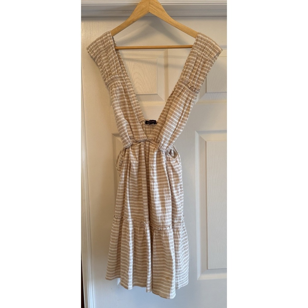 Cotton Candy LA Pinafore Dress Womens Large Tan White Striped Tiered Mini V-Neck